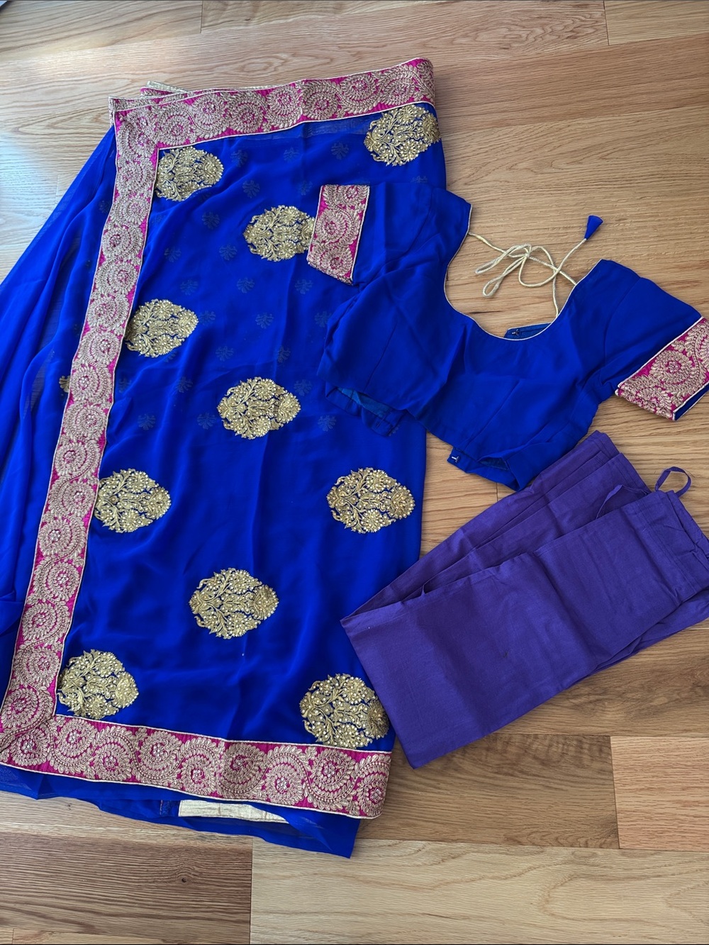 Traditional Royal Blue & Gold Embroidered Saree Set, XS/S